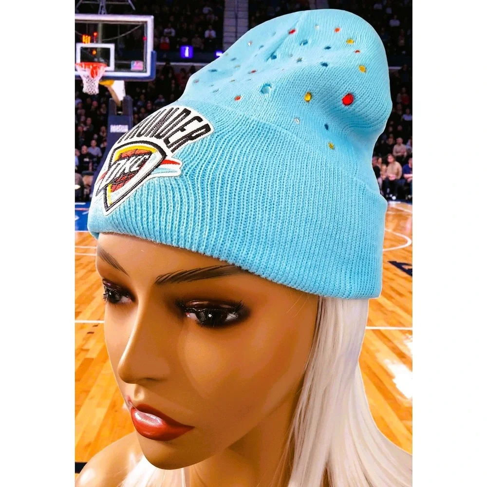 OKC Thunder Baby Blue Beanie‎ design with logo and rhinestones